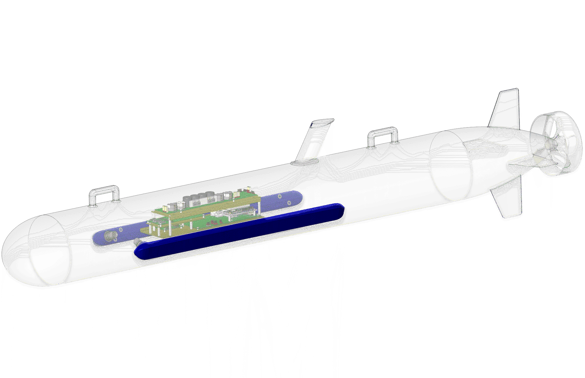 Transparent render of UUV 3500 showing the internal components.