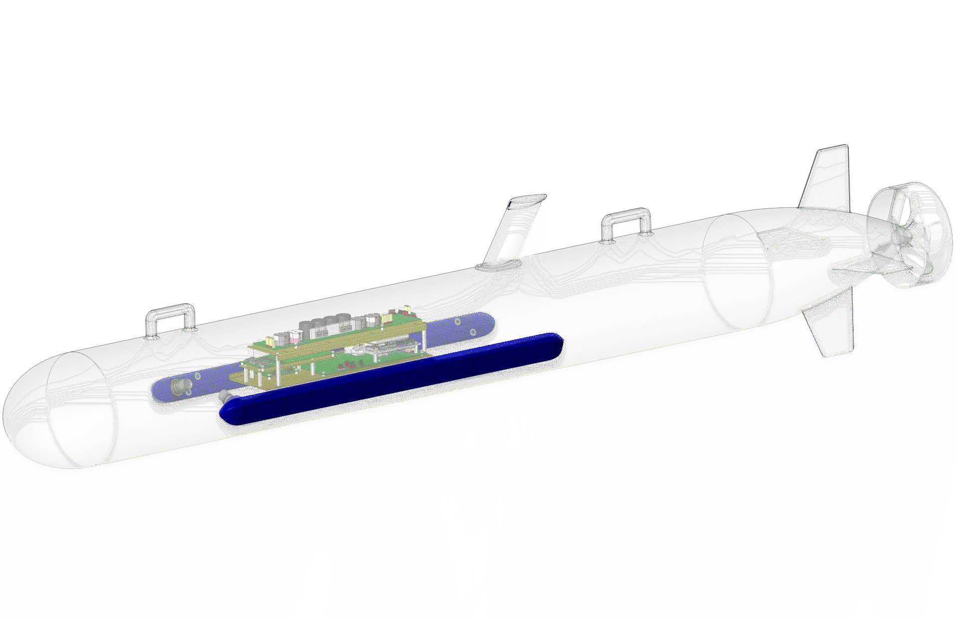 Transparent render of UUV 3500 showing the internal components.